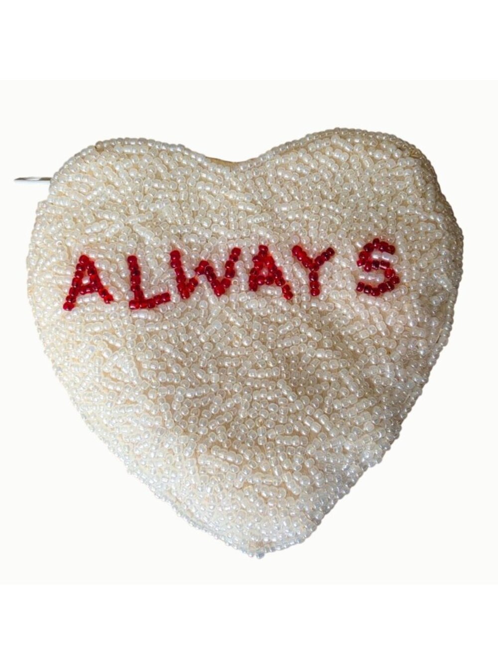 Vintage 1990s Beaded Valentine Heart Coin Purse ALWAYS Ivory Red Y2K